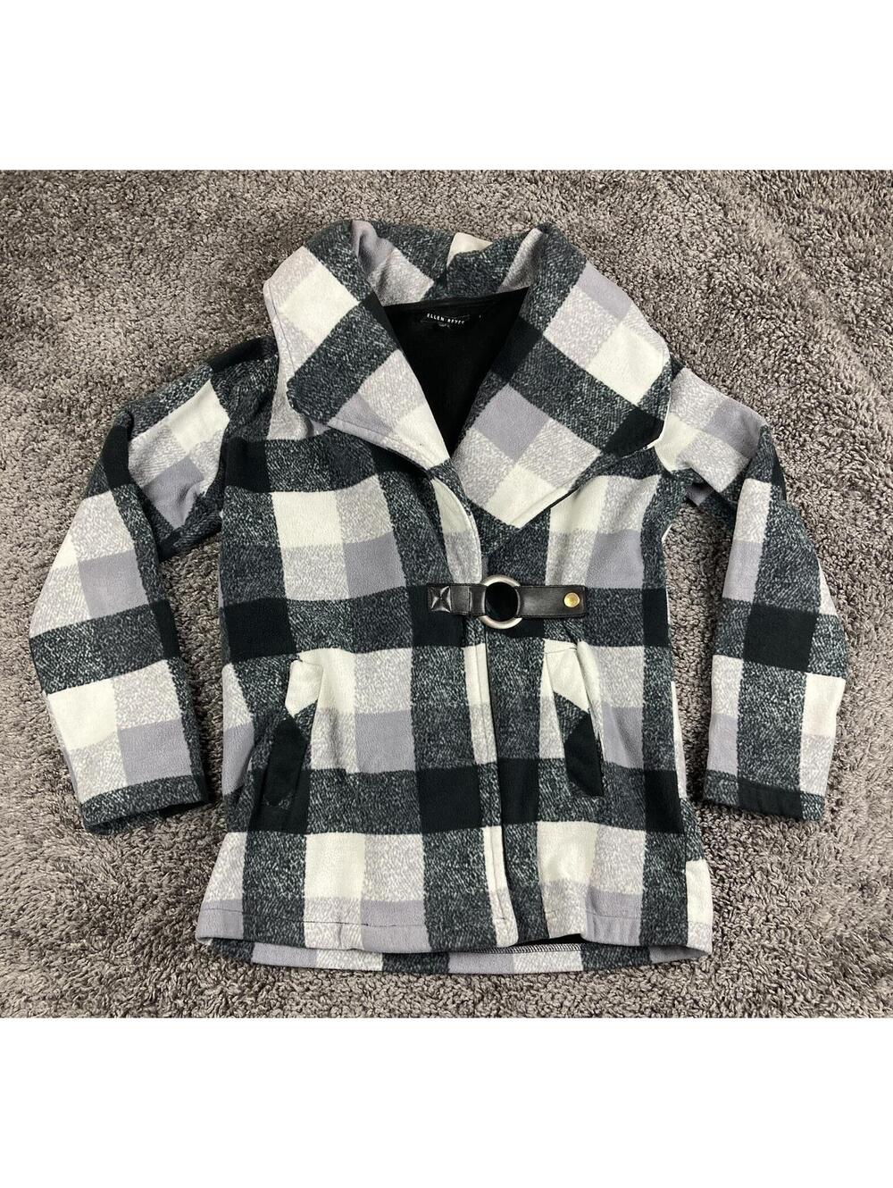 Ellen Reyes Women's Fleece Jacket Buffalo Plaid Shawl Collar Buckle Coat Size S